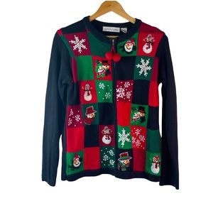 Vintage Victoria Jones Knit Beaded Ugly Christmas Snowman Cardigan Sweater